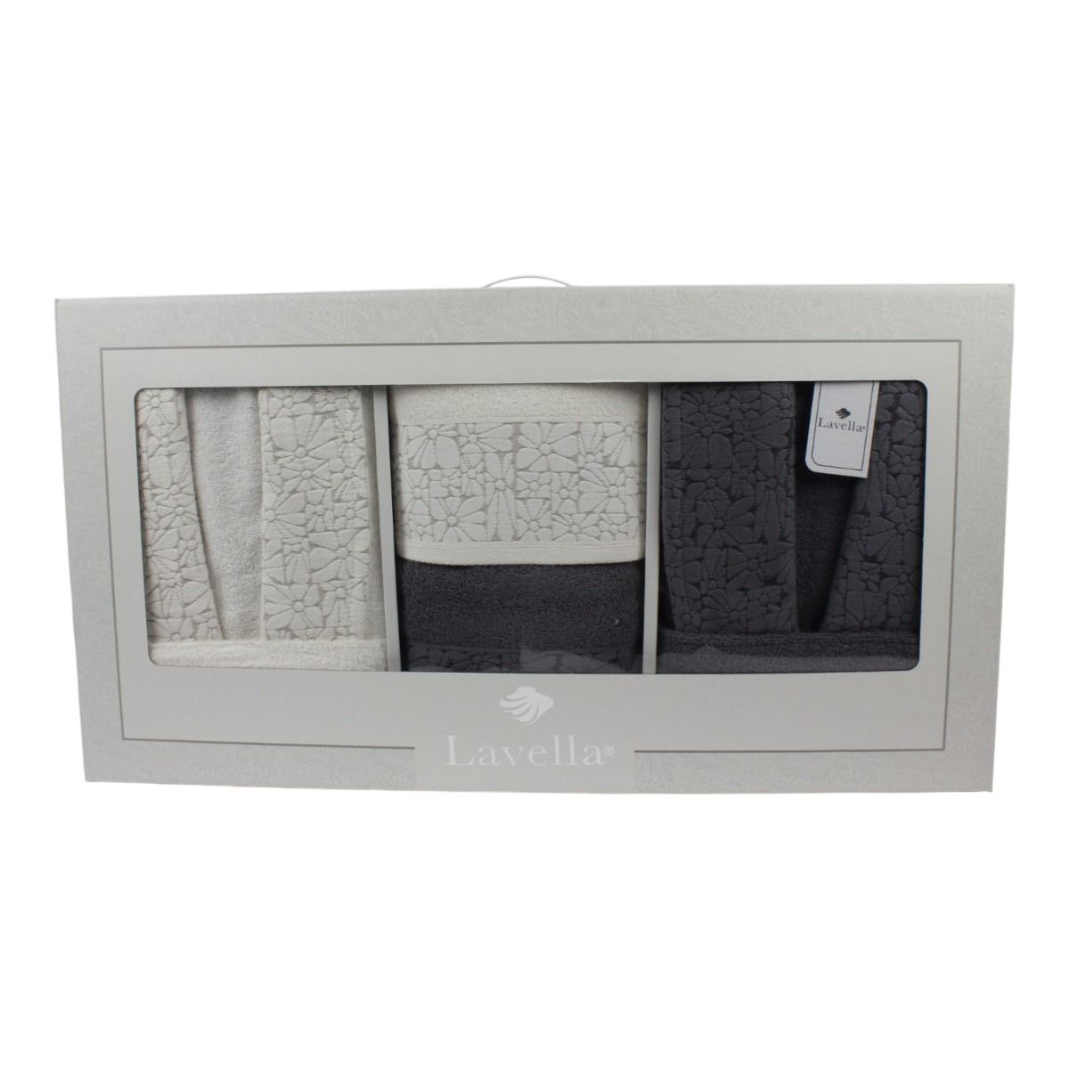 Bademantel - Wellness Set Vera 6-teiliges Luxus Set aus Baumwolle Hellgrau-Creme