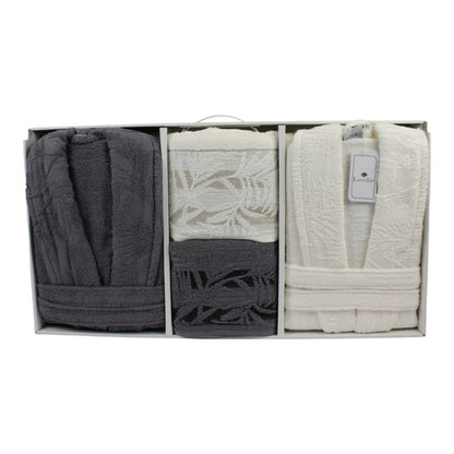 Bademantel - Wellness Set Duru 6-teiliges Luxus Set aus Baumwolle Hellgrau-Creme