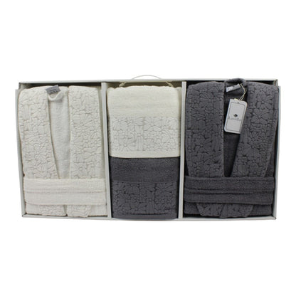 Bademantel - Wellness Set Vera 6-teiliges Luxus Set aus Baumwolle Hellgrau-Creme