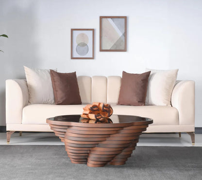 Couchtisch Onda Stratificata rustikal handgefertigt Nussbaum Beistelltisch Glasplatte