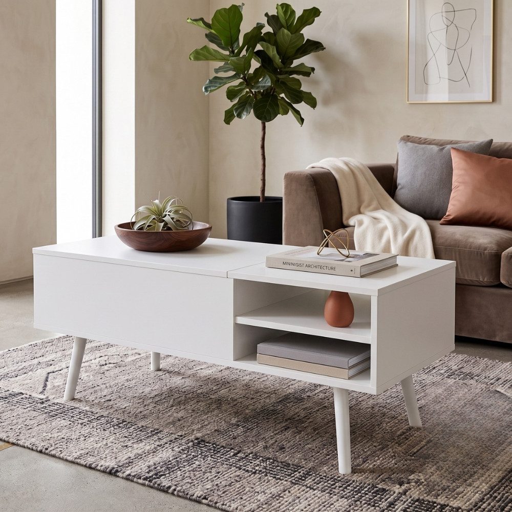 Couchtisch MALMÖ mit Lift-Top Funktion & verstecktem Stauraum, 100x50 cm weiß