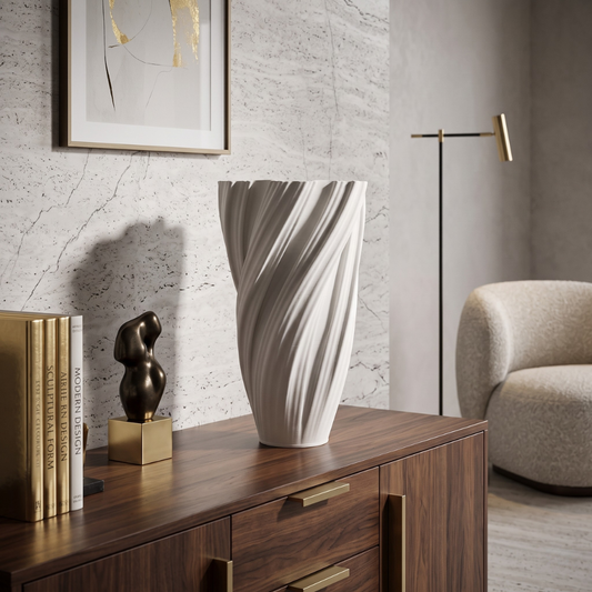 Design-Vase DONNA Skulpturale Keramikvase in plissierter Twist-Optik