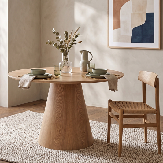 Esstisch LUCAS Runder Esszimmertisch mit konischem Säulenfuß in natürlicher Holzoptik 120 cm