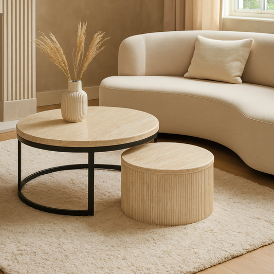 Couchtisch 2er Set Manzano Travertin Platte MDF Säulenstil Ø80X45 + Ø60X35 CM beige