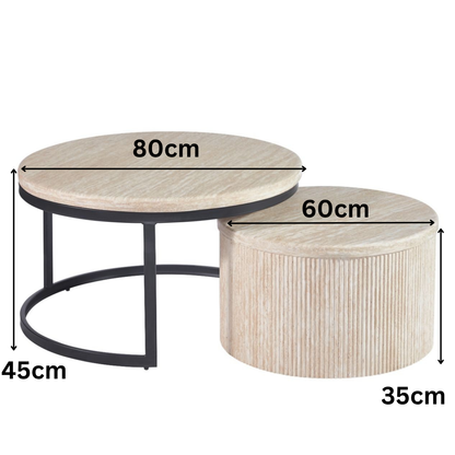 Couchtisch 2er Set Manzano Travertin Platte MDF Säulenstil Ø80X45 + Ø60X35 CM beige