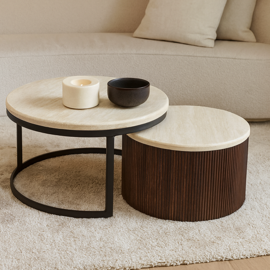 Couchtisch 2er Set Manzano Travertin Platte MDF Säulenstil Ø80X45 + Ø60X35 CM braun