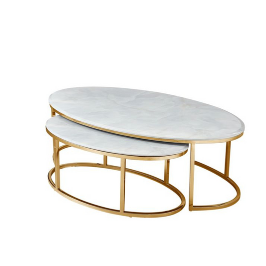 Couchtisch / Beistelltisch 2er Set oval in Marmor-Optik– 130 x 70 x 42 cm / 90 x 52 x 36 cm