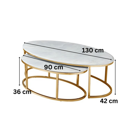 Couchtisch 2er Set oval in Marmor-Optik– 130 x 70 x 42 cm / 90 x 52 x 36 cm