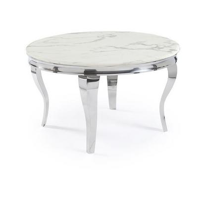 Esstisch Milano Rund mit edlen Edelstahlbeinen Glas/Marmoroptik 130 cm Silber-Weiß