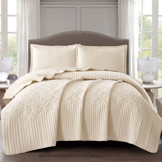 Tagesdecke Set Nilüfer Überwurf Decke 3-Teilig 240X260 CM , atmungsaktiv 2-Personen Beige