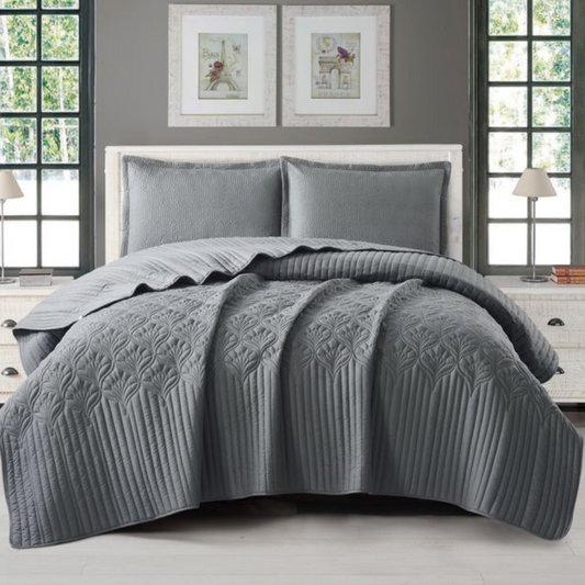 Tagesdecke Set Nilüfer Überwurf Decke 3-Teilig 240X260 CM , atmungsaktiv 2-Personen Grau