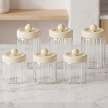Vorratsgläser-Set OSERA 6-teiliges Aufbewahrungs-Set aus Rillenglas mit Knauf-Deckel Creme