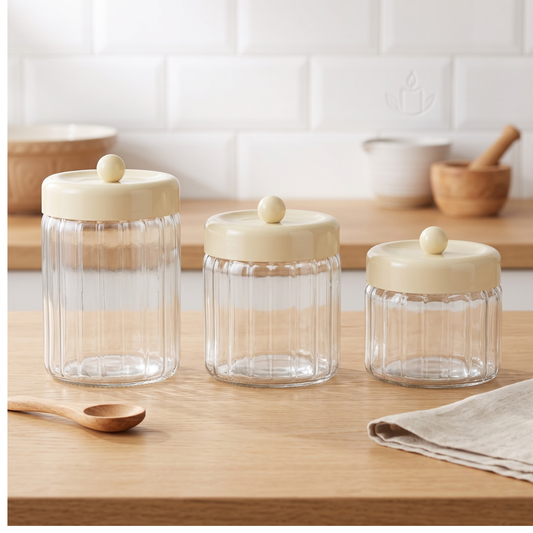 Vorratsgläser-Set OSERA 3-teiliges Aufbewahrungs-Set aus Rillenglas mit Knauf-Deckel Creme