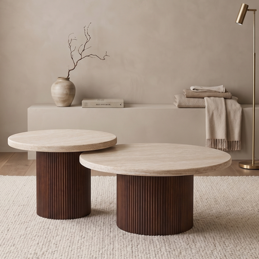 Couchtisch Trivento Travertin Tischplatte 2er-Set im edlen Säulenstil 80x38cm braun