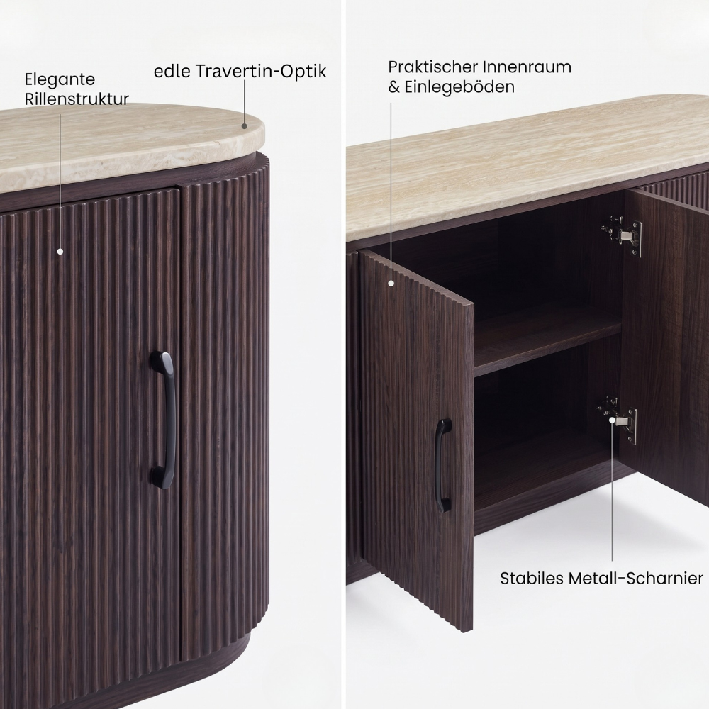 TV-Schrank DERVIO Elegantes Rillendesign mit Deckplatte in Travertin-Optik 200 cm