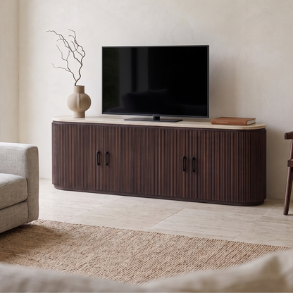 TV-Schrank DERVIO Elegantes Rillendesign mit Deckplatte in Travertin-Optik 200 cm