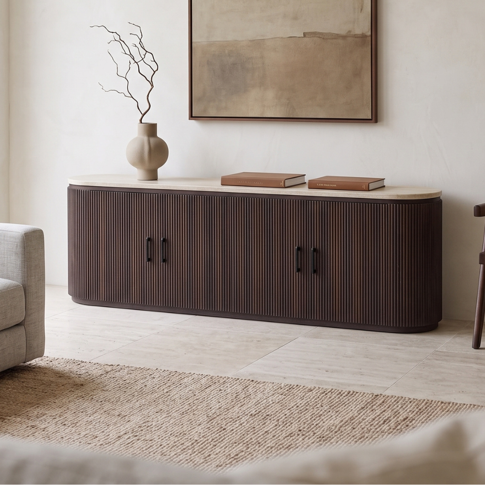 TV-Schrank DERVIO Elegantes Rillendesign mit Deckplatte in Travertin-Optik 200 cm