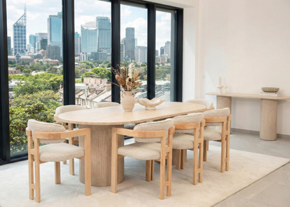 Moderne Esstisch Trivento mit ovaler Travertin-Tischplatte edle Tischbeine im Säulenstil 200 X 100 X 75 cm beige