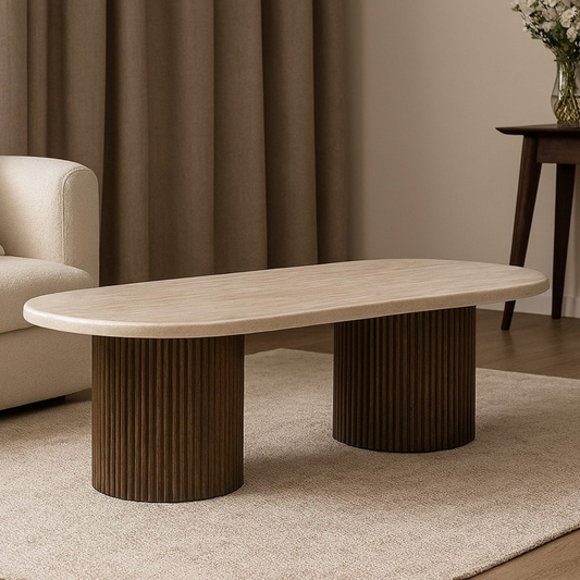 Moderner Couchtisch mit ovaler Travertin-Tischplatte – 130 x 70 x 45 cm braun