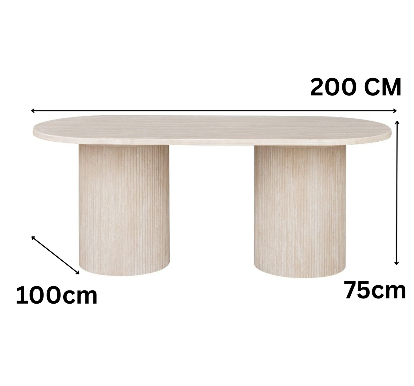 Moderne Esstisch mit ovaler Travertin-Tischplatte edle Tischbeine im Säulenstil 200 X 100 X 75 cm beige