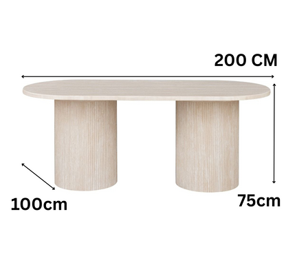 Moderne Esstisch mit ovaler Travertin-Tischplatte edle Tischbeine im Säulenstil 200 X 100 X 75 cm beige