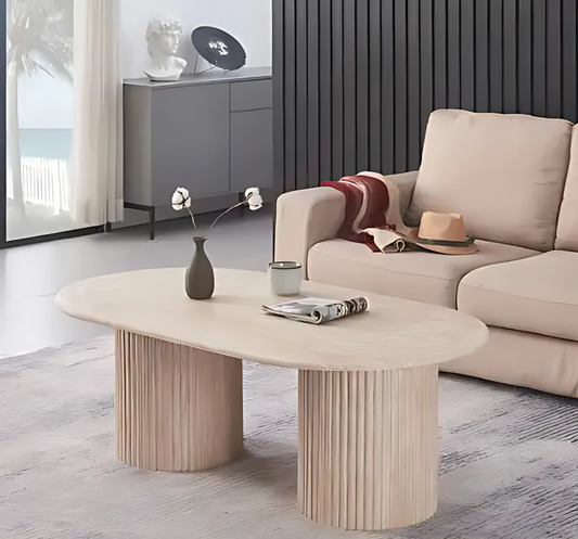 Moderner Couchtisch mit ovaler Travertin-Tischplatte – 130 x 70 x 45 cm