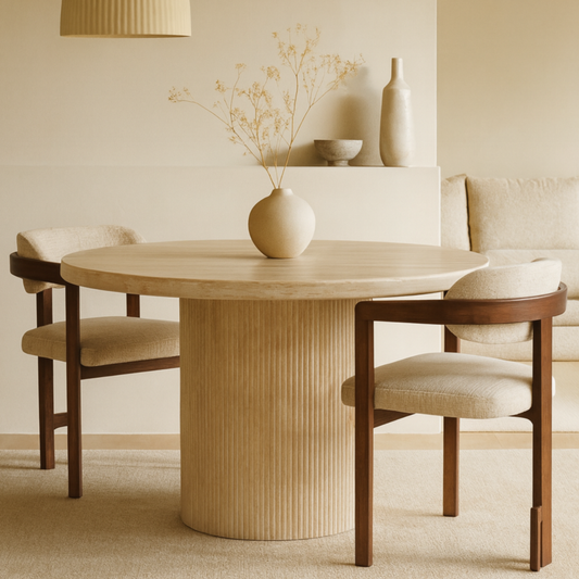 Moderne Esstisch mit Travertin-Tischplatte edle Tischbeine im Säulenstil 130 X  75 cm rund beige