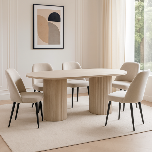 Moderne Esstisch Trivento mit ovaler Travertin-Tischplatte edle Tischbeine im Säulenstil 200 X 100 X 75 cm beige