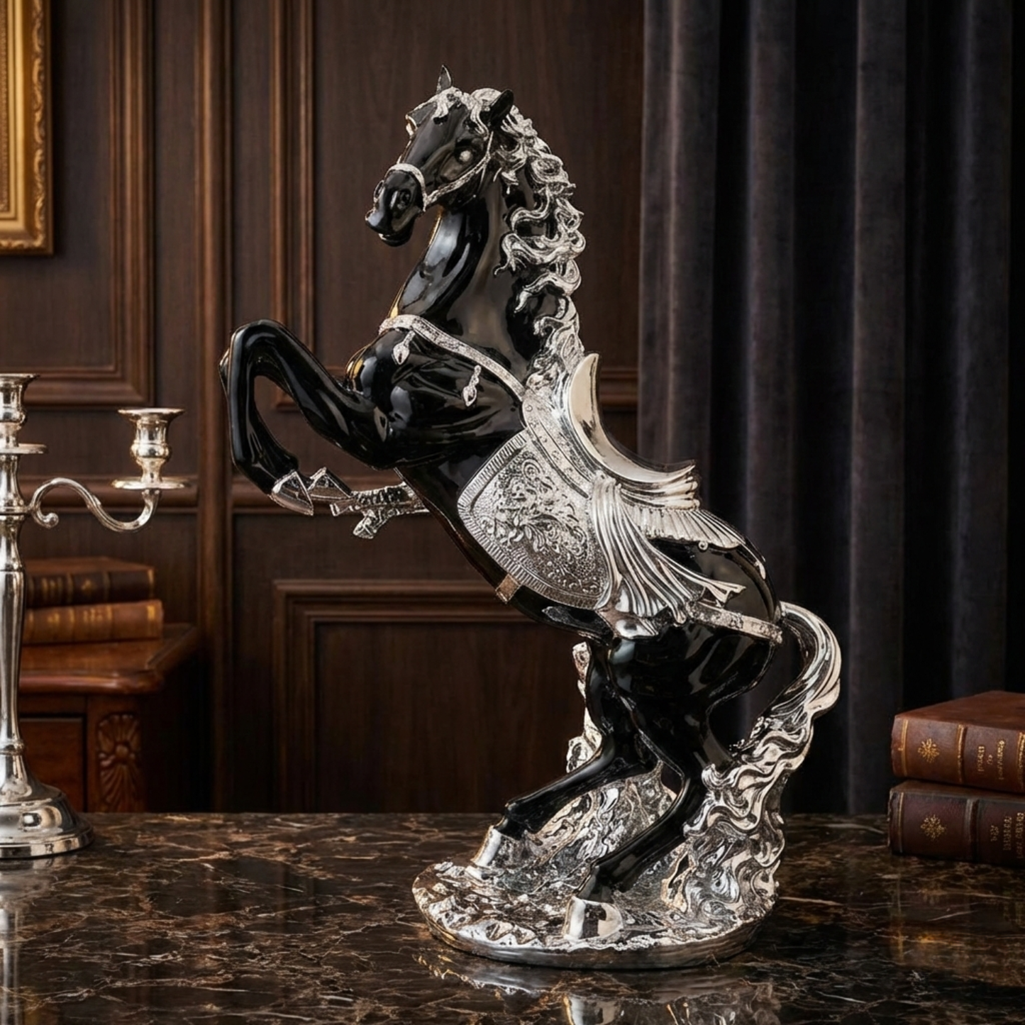 Moderne Deko Figur Pferd Schwarz-Silber aus Keramik 60 cm