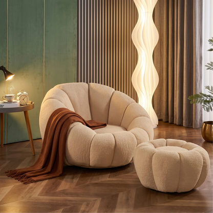 Drehsessel Kürbis Sessel 360° Drehfunktion Relaxsessel inkl. Hocker Beige