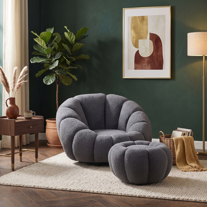Drehsessel Kürbis Sessel 360° Drehfunktion Relaxsessel inkl. Hocker Grau