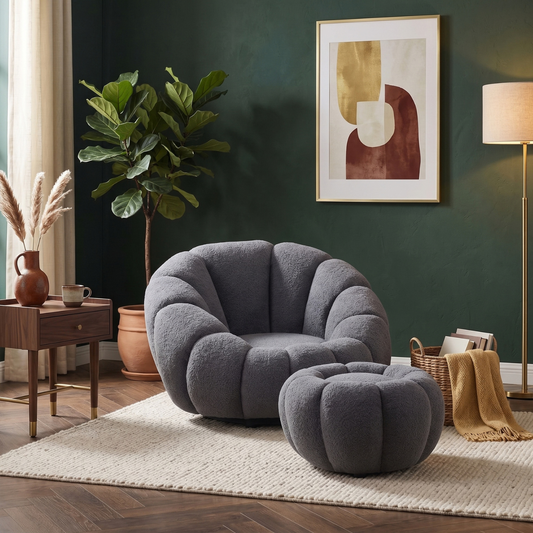 Drehsessel Kürbis Sessel 360° Drehfunktion Relaxsessel inkl. Hocker Grau