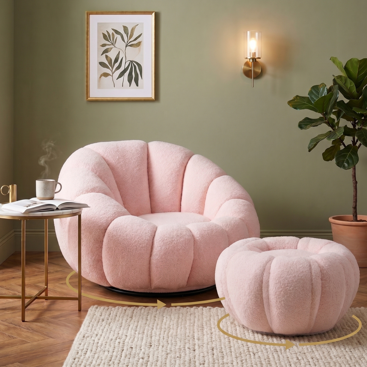 Drehsessel Kürbis Sessel 360° Drehfunktion Relaxsessel inkl. Hocker Rosa