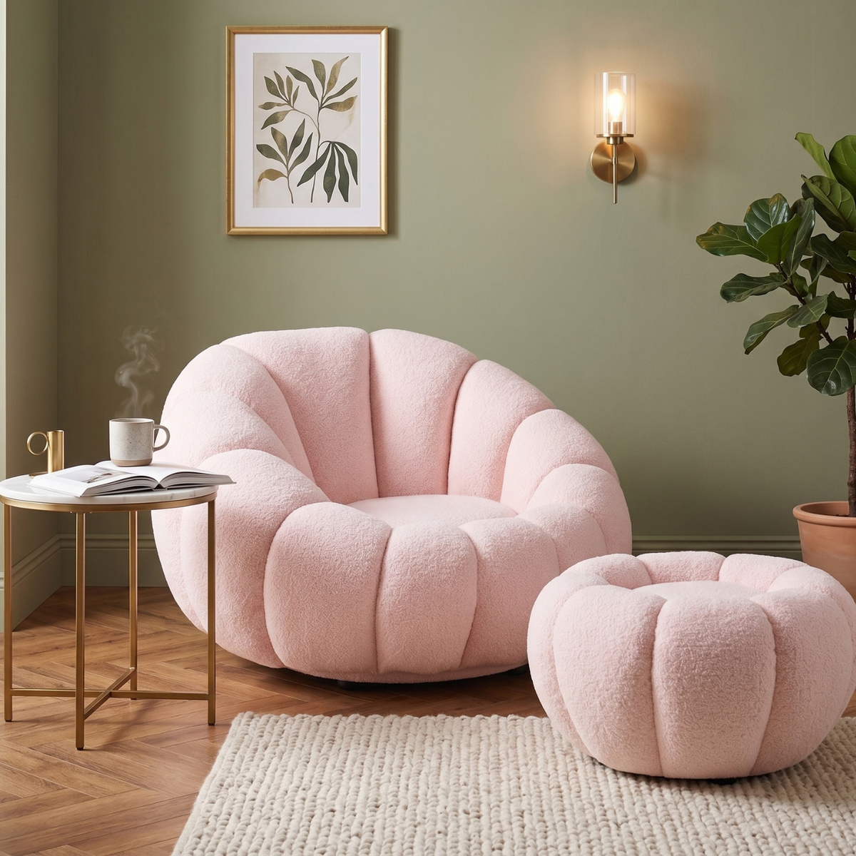 Drehsessel Kürbis Sessel 360° Drehfunktion Relaxsessel inkl. Hocker Rosa
