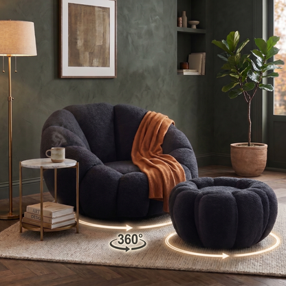 Drehsessel Kürbis Sessel 360° Drehfunktion Relaxsessel inkl. Hocker Schwarz