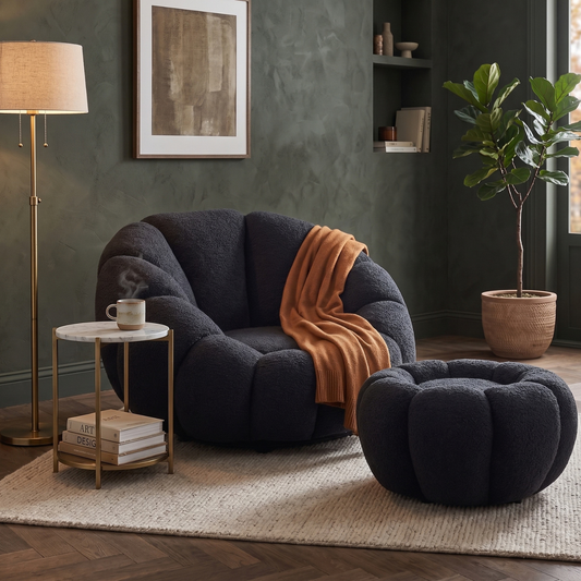 Drehsessel Kürbis Sessel 360° Drehfunktion Relaxsessel inkl. Hocker Schwarz