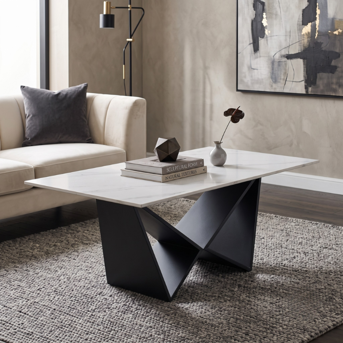 Design-Couchtisch CENTO Rechteckiger Wohnzimmertisch in Marmor-Optik mit geometrischem Edelstahl-Gestell (130 x 70 cm) Schwarz