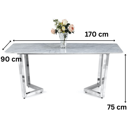 Esstisch Marmor – 170 x 90 x 75 cm Silberfarbenes Metallgestell & edle Marmorplatte