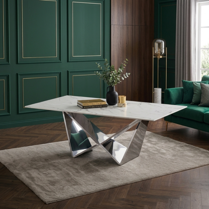 Design-Couchtisch CENTO Rechteckiger Wohnzimmertisch in Marmor-Optik mit geometrischem Edelstahl-Gestell (130 x 70 cm)