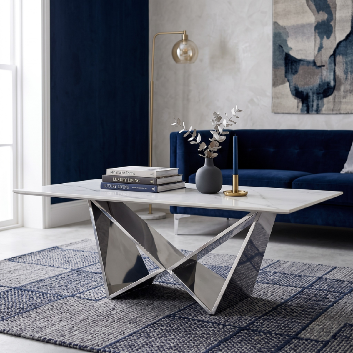 Design-Couchtisch CENTO Rechteckiger Wohnzimmertisch in Marmor-Optik mit geometrischem Edelstahl-Gestell (130 x 70 cm) Silber