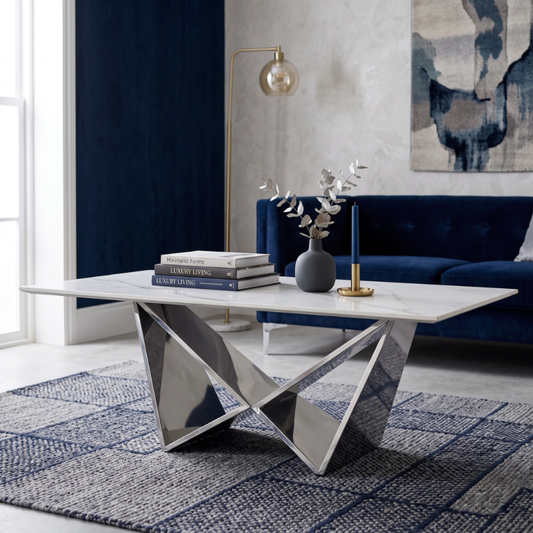 Design-Couchtisch CENTO Rechteckiger Wohnzimmertisch in Marmor-Optik mit geometrischem Edelstahl-Gestell (130 x 70 cm) Silber