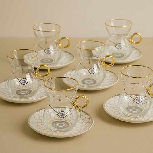 Nazar Boncuk Teeglas Set mit Keramik-Untersetzern 18-teilig Weiß