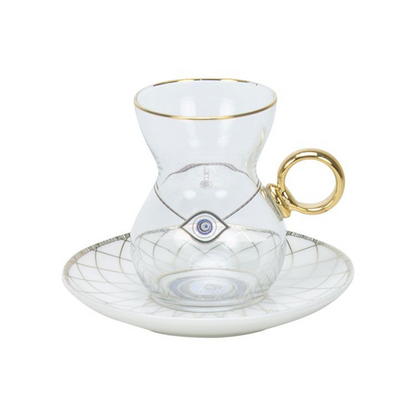 Nazar Boncuk Teeglas Set mit Keramik-Untersetzern 18-teilig Weiß