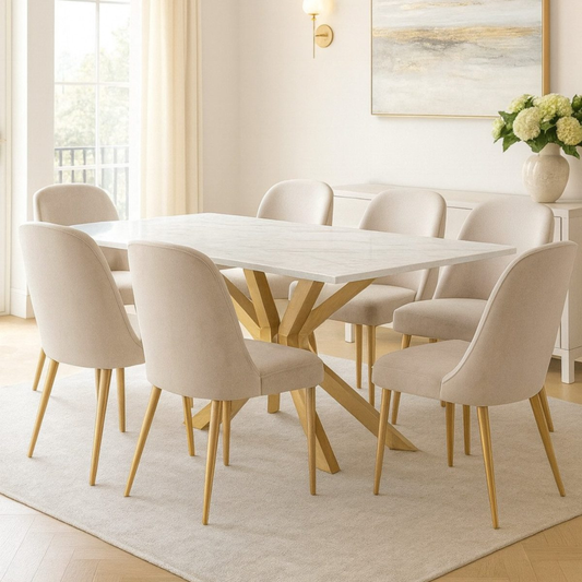 Esstisch Terni mit edlen Edelstahlbeinen Glas/Marmoroptik Tischplatte 180cm